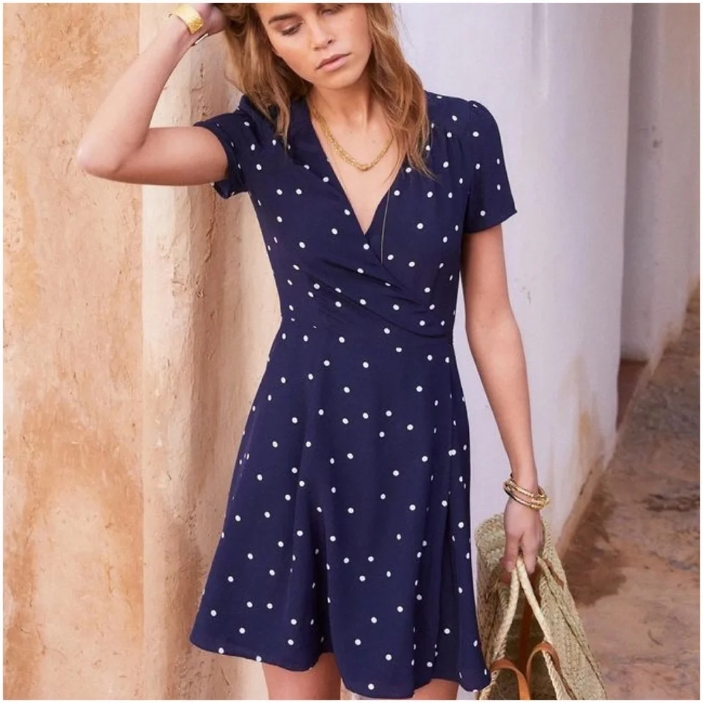 SÉZANE Anastasia Polka Dot Silk Wrap Mini Dress - Navy